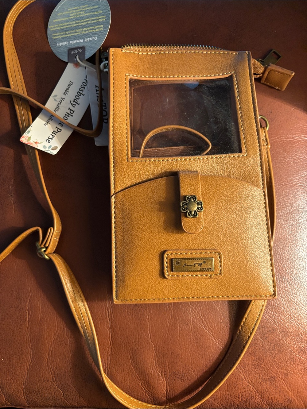 Tan Crossbody Phone Wallet Bag with ID Window